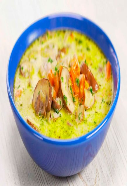 Сливочный суп с курицей и грибами